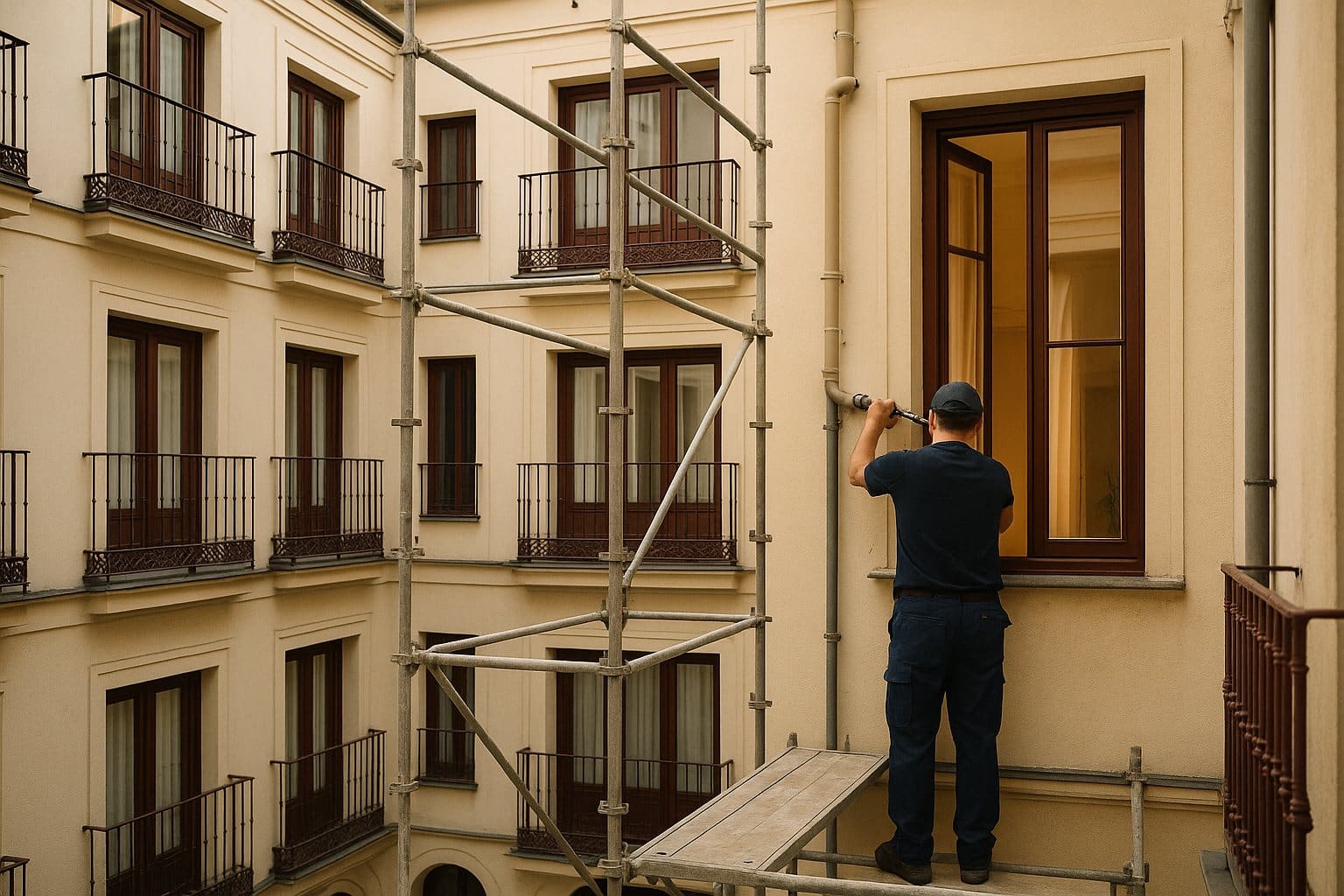 Patio de finca madrileña con andamio y fontanero reparando una tubería: acceso al piso para reparaciones