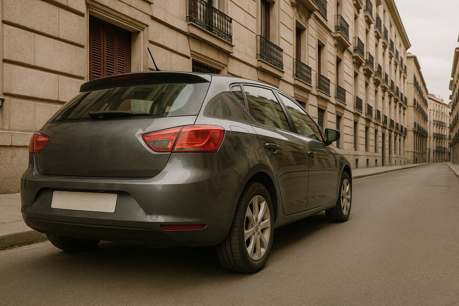 Coche diésel aparcado en una calle de Madrid con el escape visible: demanda a Volkswagen por emisiones