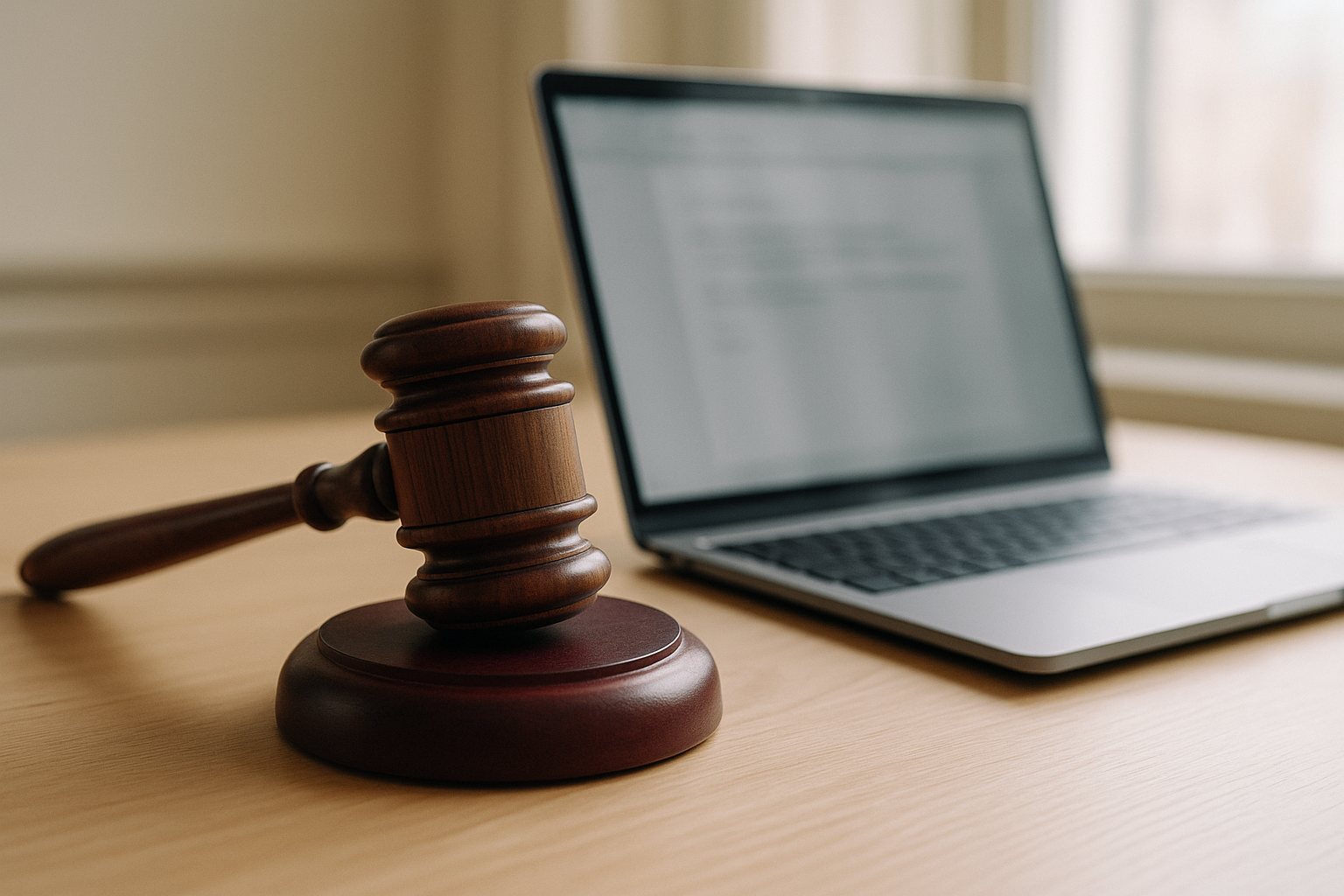 Mazo de subasta junto a un portátil sobre un escritorio: subastas electrónicas judiciales