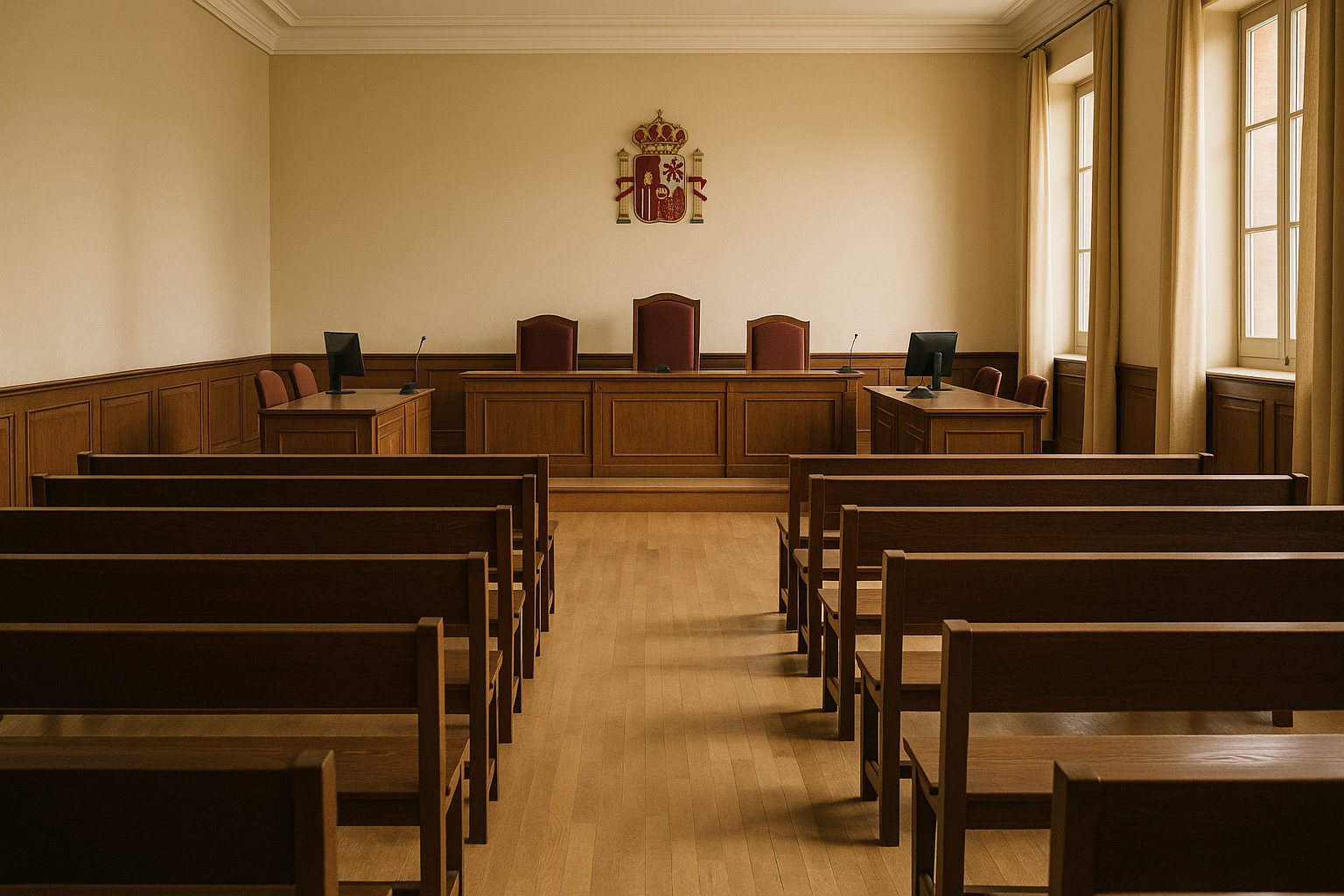 Sala de vistas vacía con estrados de madera: conclusiones en el juicio verbal