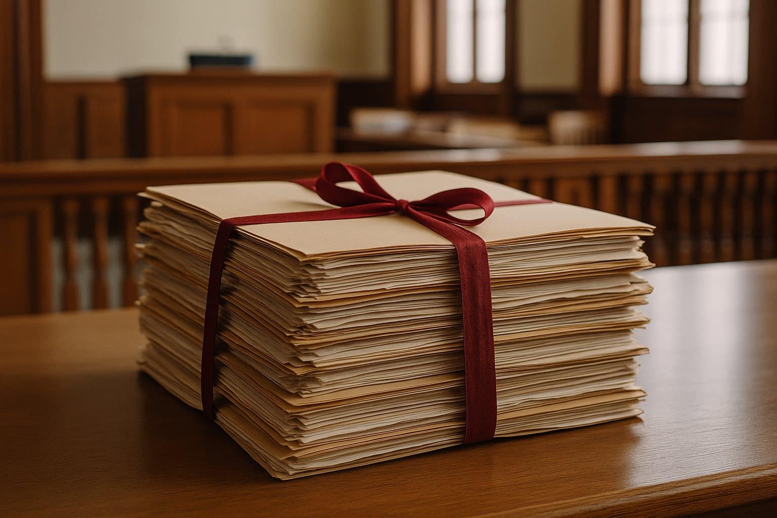 Expedientes atados con cinta en una sala de vistas: acumulación de procesos de ejecución