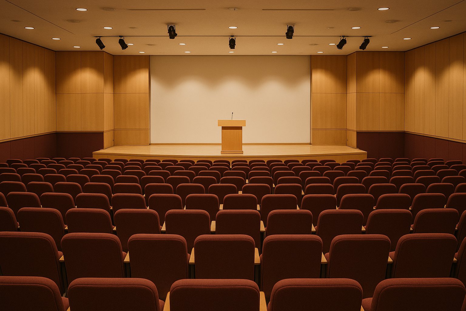 Auditorio vacío con atril iluminado: primer congreso de la Abogacía madrileña