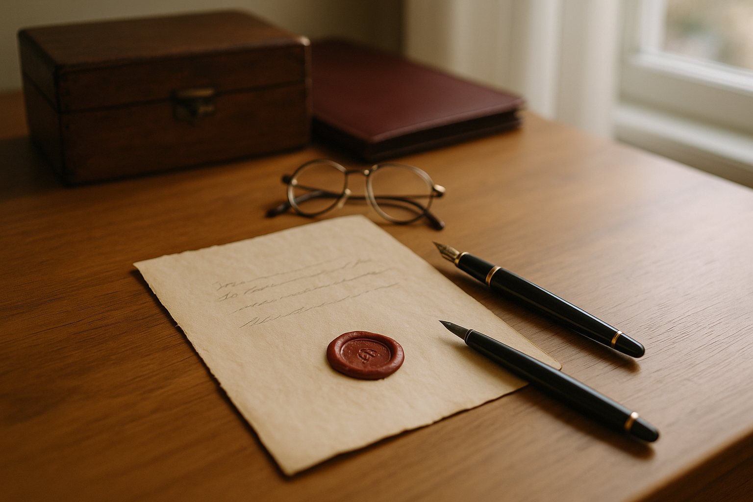 Testamento con sello de lacre y pluma sobre un escritorio, sobre la legítima de los herederos